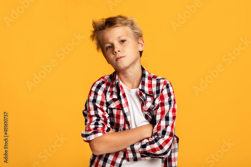 Attractive male model back to school, child face expression, ad and offer