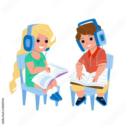 Audio Lesson Listening Children Together Vector. Preteen Boy And Girl Kids Listen Audio Lesson In Earphones And Reading Educational Book. Characters Schoolboy And Schoolgirl Flat Cartoon Illustration