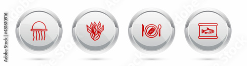 Set line Jellyfish, Seaweed, Served cucumber on plate and Canned. Silver circle button. Vector