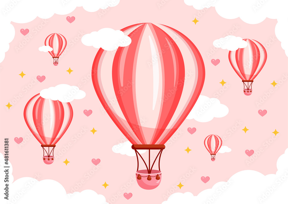 Vector illustration of pink balloons on the background of clouds, hearts and sky for valentine's day for postcard, textiles, decor, poster. Greeting card.