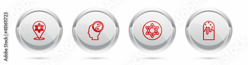 Set line Star of David, Yin Yang, and Easter cake. Silver circle button. Vector