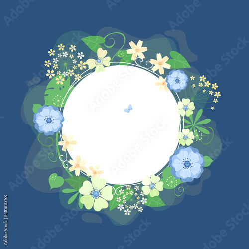 Green plants, blooming flowers, monstera leaves, liana, philodendron leaves, botany, flora. Vector frame with flowers and plants. Round blank template for text.  Background isolated.