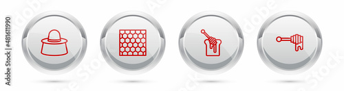 Set line Beekeeper with protect hat, Honeycomb, dipper stick honey and . Silver circle button. Vector