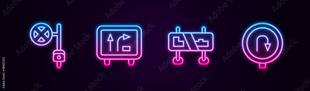 Set line Stop sign with camera, Road traffic, and Turn back road. Glowing neon icon. Vector Set line Stop sign with camera, Road traffic, and Turn back road. Glowing neon icon. Vector