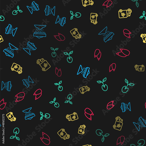 Set line Sifting flour, Sprout, Flour truck and Seed on seamless pattern. Vector