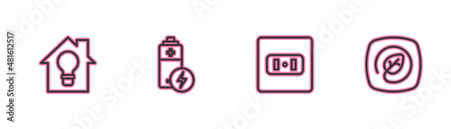 Set line Smart house and light bulb, Electrical outlet, Battery and Location with leaf icon. Vector
