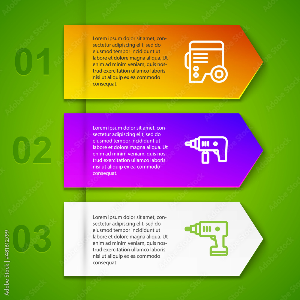 Set line Power electric generator, Electric drill machine and cordless screwdriver. Business infographic template. Vector Set line Power electric generator, Electric drill machine and cordless screwdriver. Business infographic template. Vector