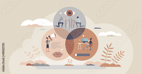 Data literacy as ability and skill to understand data as useful information tiny person concept. Info interpretation, analysis and usage vector illustration. Design, narrate and analyze combination.