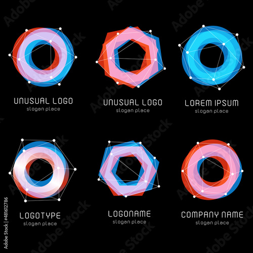 Unusual abstract geometric shapes. Vector logo set. Polygonal colorful logotypes collection on the black background.