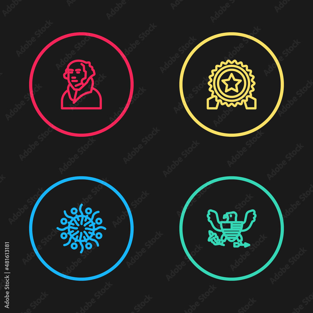 Set line Firework, Eagle, Medal with star and George Washington icon. Vector Set line Firework, Eagle, Medal with star and George Washington icon. Vector