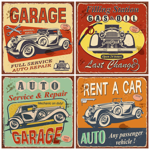 Set of retro car posters.Garage,Filling Station,Rent a Car, Repair and Auto Service Vintage  metal sign.Vector  illustration.