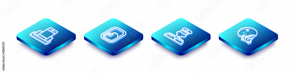 Set Isometric line Metal detector in airport, Airplane window, Pilot and Modern pilot helmet icon. Vector Set Isometric line Metal detector in airport, Airplane window, Pilot and Modern pilot helmet icon. Vector