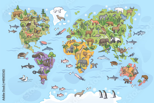 World map with animals as all continents natural habitat outline concept. Biological and geographical distribution of mammals and fishes vector illustration. Eurasia, America and arctic living life.
