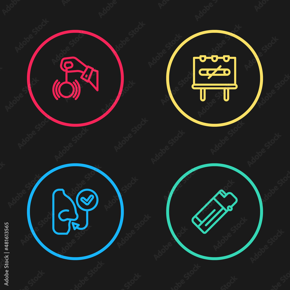 Set line Healthy breathing, Lighter, No smoking and Hypnosis icon. Vector