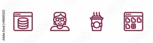 Set line Server, Data, Web Hosting, Coffee cup to go, Hacker or coder and Browser files icon. Vector