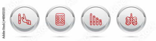 Set line Giving up cigarette, Nicotine gum blister pack, Smoking and Disease lungs. Silver circle button. Vector