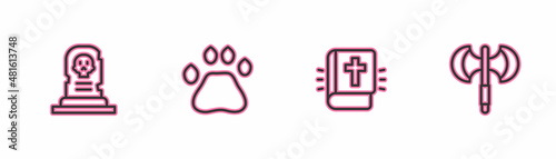 Set line Grave with tombstone, Holy bible book, Bear paw footprint and Medieval poleaxe icon. Vector