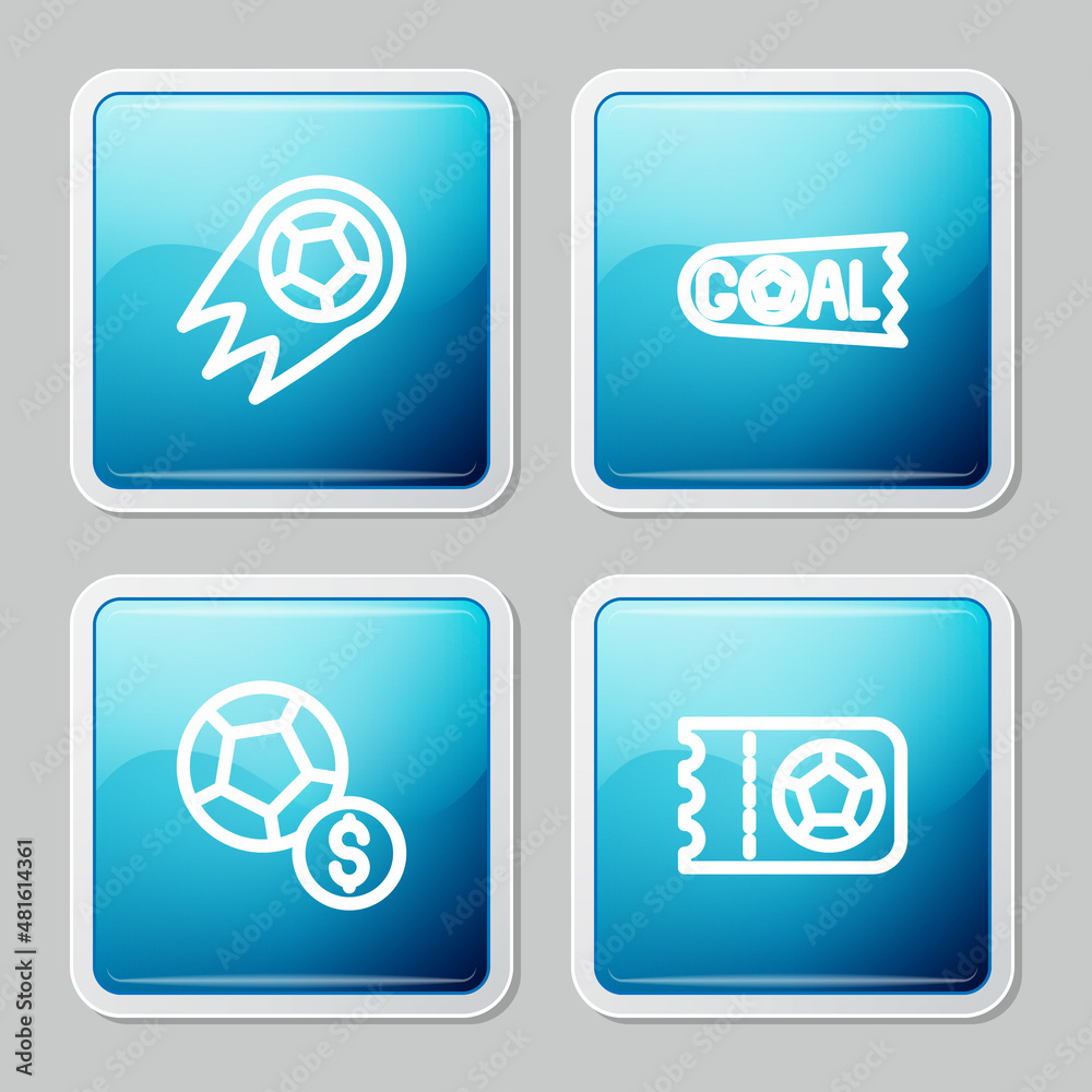 Set line Soccer football ball, Goal soccer, and Football or ticket icon. Vector Set line Soccer football ball, Goal soccer, and Football or ticket icon. Vector