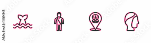 Set line Whale tail, Scallop sea shell, Wetsuit for scuba diving and Diving hood icon. Vector