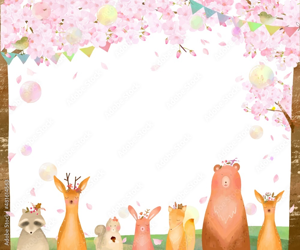 森の動物が満開の桜の木の下にいるピンクのシャボン玉の舞う春の北欧風ほんわかフレームイラスト素材 Stock Vector Adobe Stock