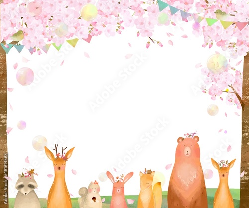 森の動物が満開の桜の木の下にいるピンクのシャボン玉の舞う春の北欧風ほんわかフレームイラスト素材 Stock Vector Adobe Stock
