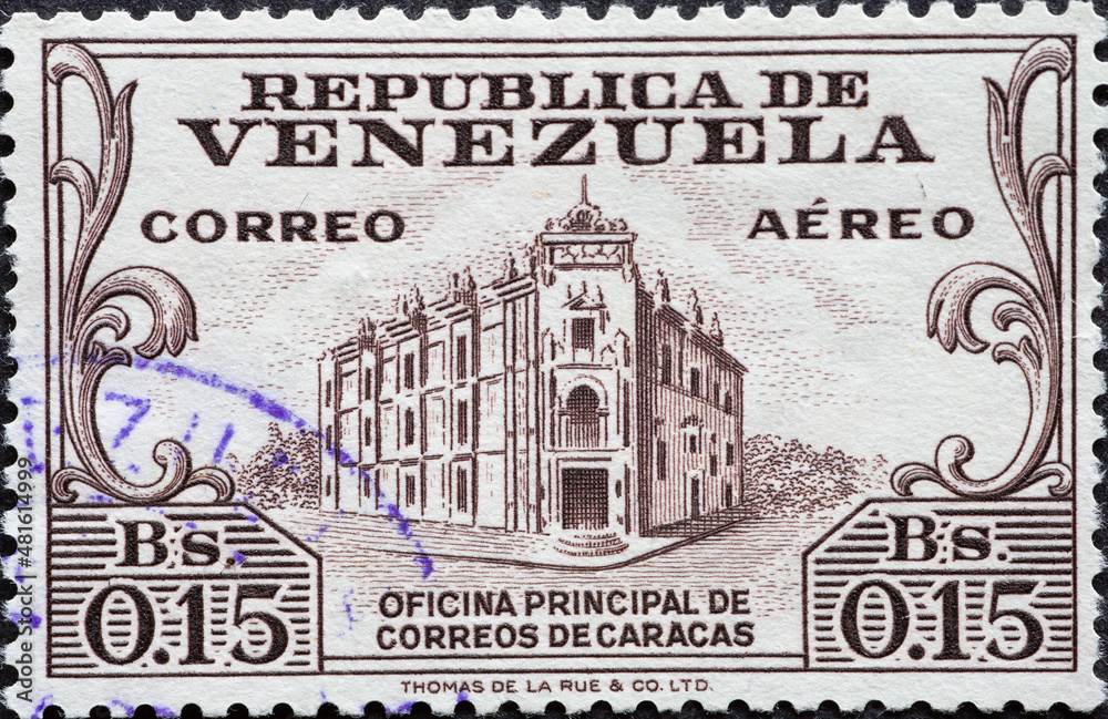 Venezuela - circa 1955: a postage stamp from Venezuela, showing the Main Post Office Caracas building