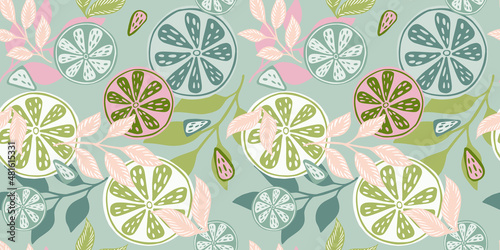 Citrus fruits seamless pattern. Spring texture lemons, limes, oranges and branches.