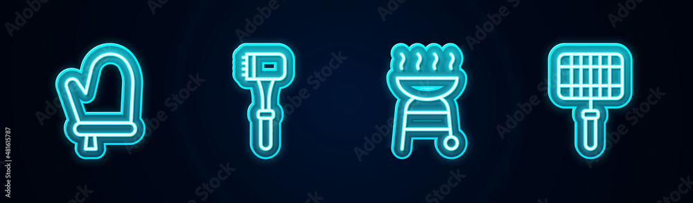 Set line Oven glove, Kitchen hammer, Barbecue grill and steel grid. Glowing neon icon. Vector Set line Oven glove, Kitchen hammer, Barbecue grill and steel grid. Glowing neon icon. Vector