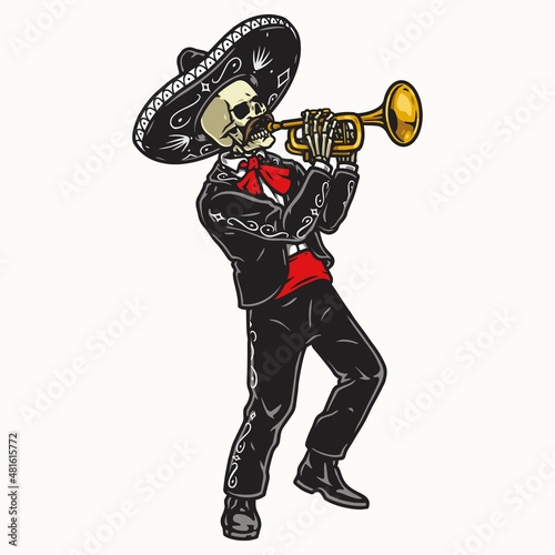 Mariachi skeleton musician playing trumpet