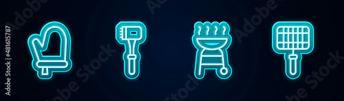 Set line Oven glove, Kitchen hammer, Barbecue grill and steel grid. Glowing neon icon. Vector