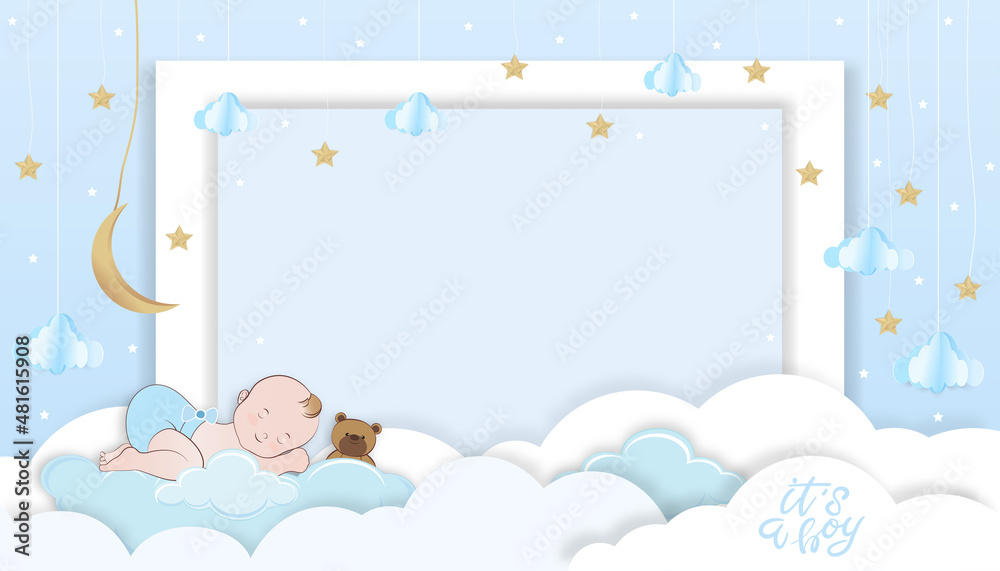 Vector illustration for baby boy shower card on blue background,Paper