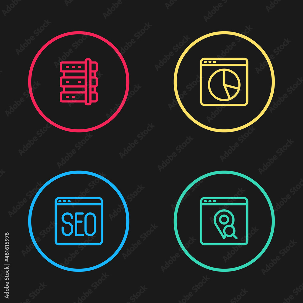 Set line SEO optimization, Infographic of city map, Graph chart infographic and Server icon. Vector