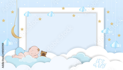 Vector illustration for baby boy shower card on blue background,Paper art abstract origami cloudscape, crescent moon and stars on blue sky,Cute paper cut with copy space for baby's photos