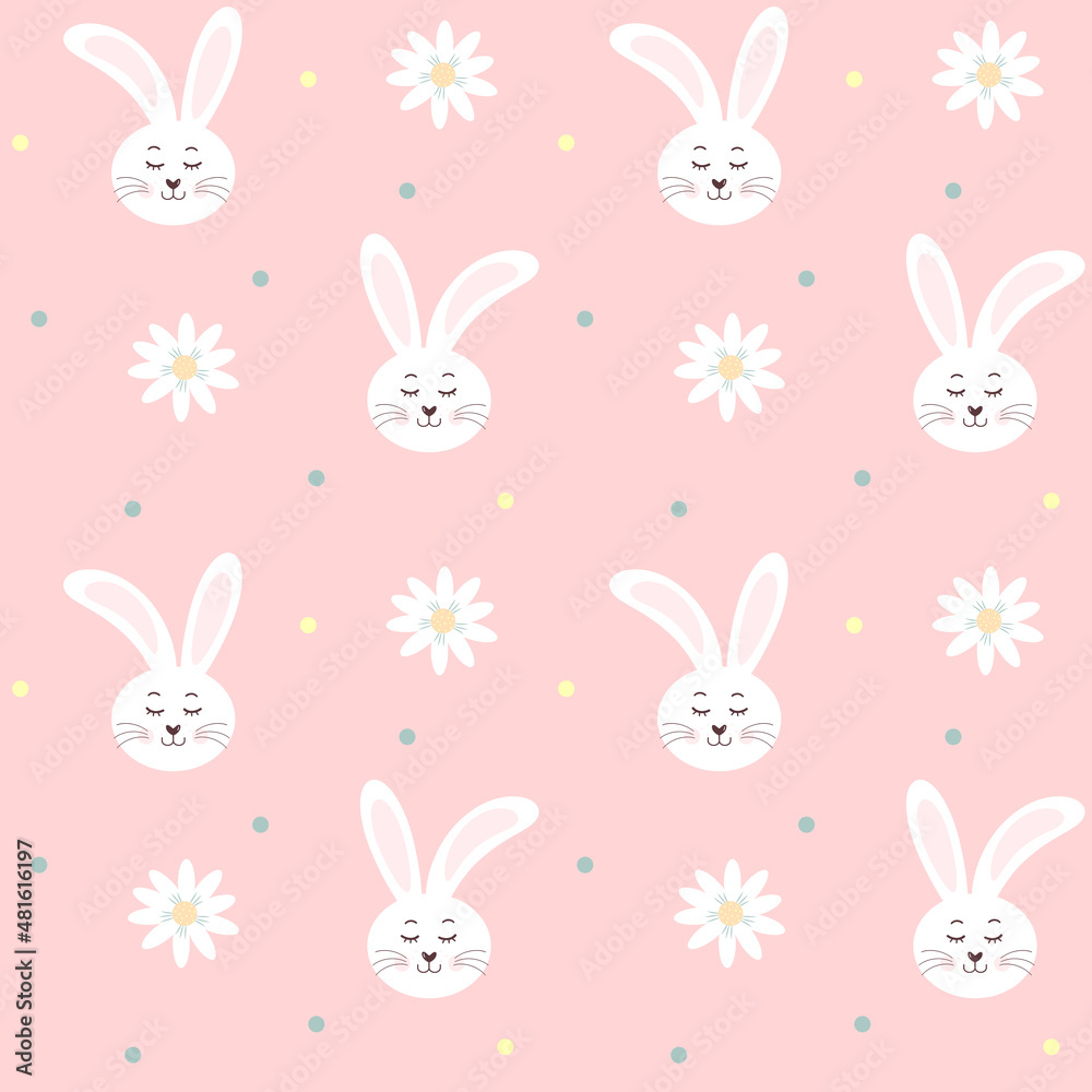Seamless pattern with bunny head and chamomiles on pink background. Great for textile, fabric prints, wrapping paper. Seamless pattern with bunny head and chamomiles on pink background. Great for textile, fabric prints, wrapping paper.