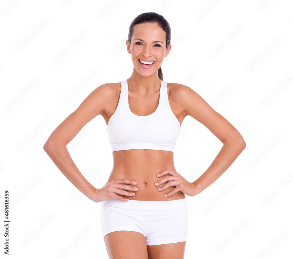 Staying fit isn't always serious. Studio portrait of an attractive woman in exercise clothing isolated on white. Staying fit isn't always serious. Studio portrait of an attractive woman in exercise clothing isolated on white.