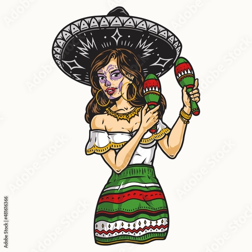 Mexican woman with maracas illustration