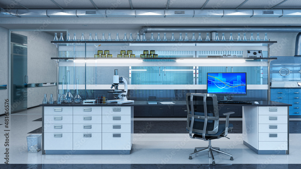 Light laboratory interior with equipment. 3d illustration