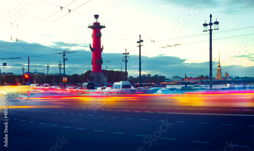 Night traffic lights on the Vasilievsky Island in St. Petersburg, Russia