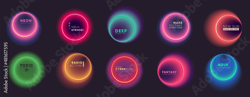Cyberpunk neon gradients backgrounds set for headlines and titles with text. Frame with message for banners, logos, promo labels. Futuristic gradients, colorful smooth lights in retro game style.
