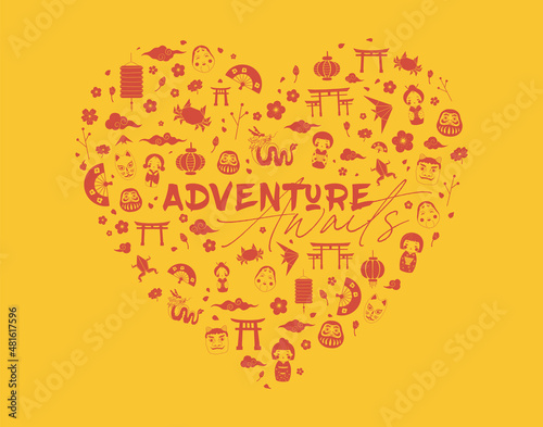 Travel graphic print with japanese memorable symbols. Adventure awaits typography illustration for  journey concept. Sakura, origami, kokeshi geisha, torii gates icons. Vector heart shape clip art set