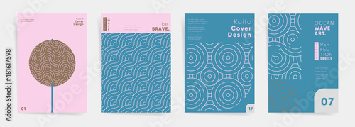 Geometric mosaic asian minimalism design template set. Abstract vector japanese wavy lines. Cover layout  for poster, brochure, flyer, banner, report, background. Spring pink blue sea ocean pattern.