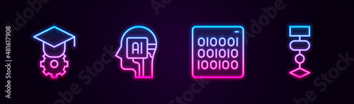 Set line Graduation cap, Humanoid robot, Binary code and Algorithm. Glowing neon icon. Vector