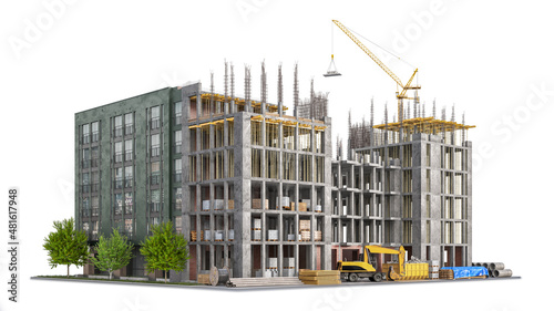 Building in half of construction with a finished building facade on white background. 3d illustration