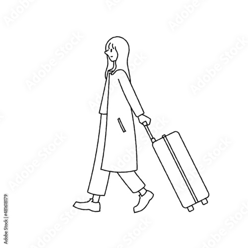 スーツケースを持った　女性　手描き　旅行　帰省	