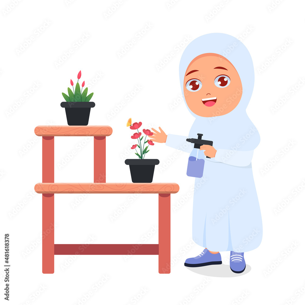 Cute girl taking care of plants on white background Cute girl taking care of plants on white background