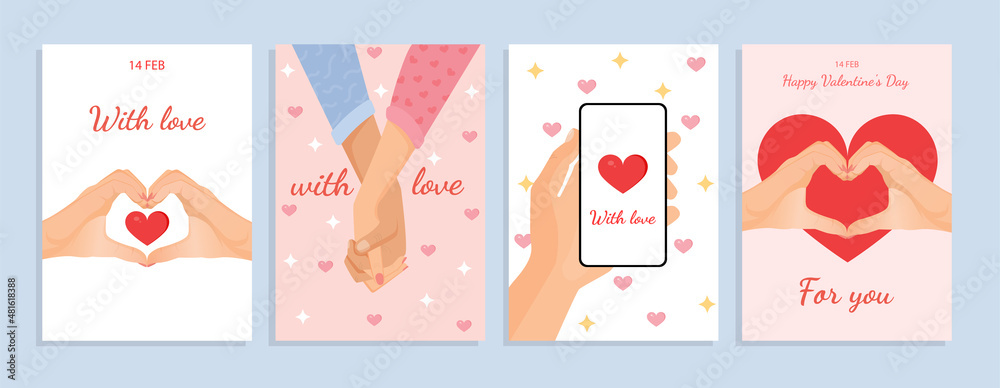 Set of romantic illustrations for cards, poster, banner, internet, social networks. Collection of vector design with hands, gestures, chat online for valentine's day. Love, family, friendship.