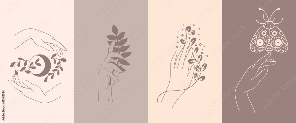 Fototapeta premium A set of female hand emblems in a minimalistic linear style. Gestures of hands holding a branch with leaves. For cosmetics design, beauty studio
