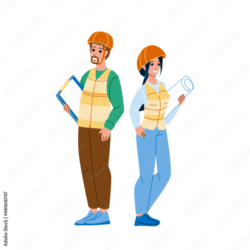 architect builder worker. construction engineer. man woman helmet. building house character web flat cartoon illustration