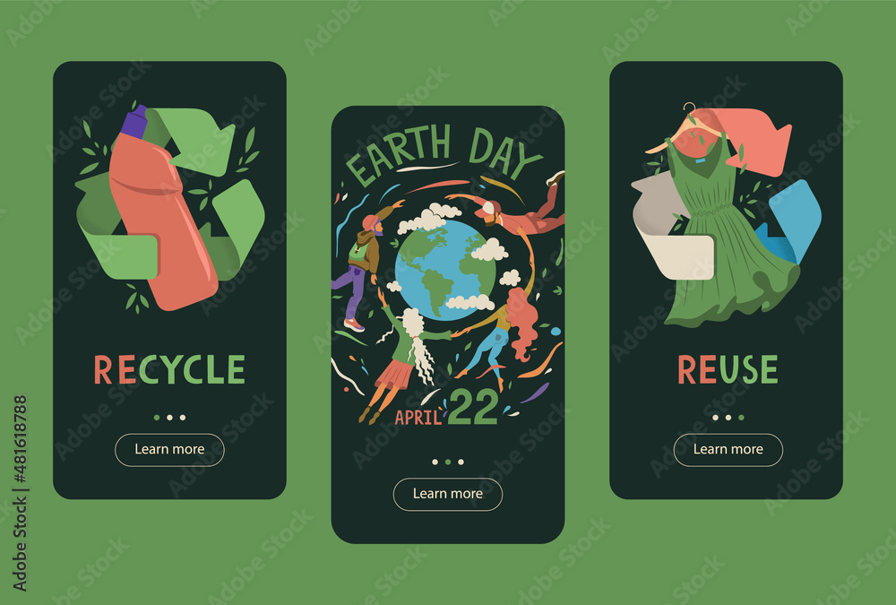 Obraz premium Landing page for smartphone about a sustainable way. Earth Day. Eco-friendly environment. Doodle vector illustration.
