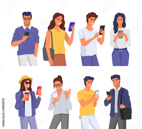 People using smartphones set vector. Men and women use Phone to communicate.